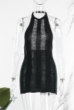 Svarta sexiga solida urholkade rygglösa O-hals ärmlösa klänningar