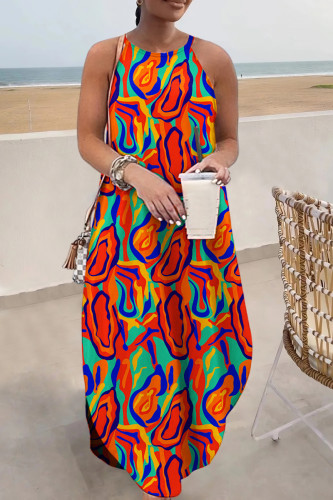 Tangerine Red Casual Print Basic O Neck Long Dress Dresses