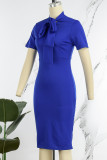 Königsblaues, legeres, einfarbiges, kurzärmliges Patchwork-Bleistiftrock-Kleid mit Stehkragen