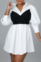 ブラック カジュアル パッチワーク コントラスト ターンダウン カラー シャツ ドレス ドレス