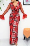 Красные повседневные платья с длинным рукавом и разрезом в стиле пэчворк с принтом
