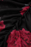 Rose rood sexy casual print doorzichtige halve coltrui driedelige set met lange mouwen