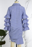 ライトブルーカジュアルストライププリントパッチワークシャツカラー長袖ドレス