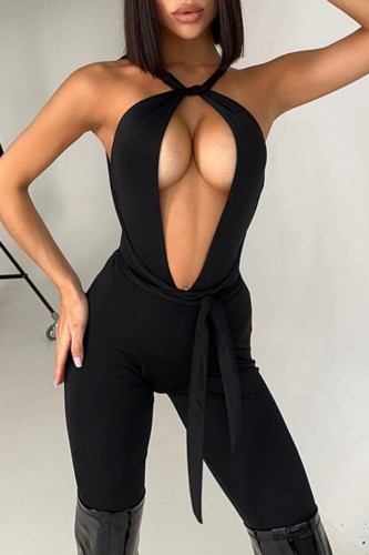 Black Sexy Solid Bandage Hollowed Out Backless Halter Skinny Jumpsuits