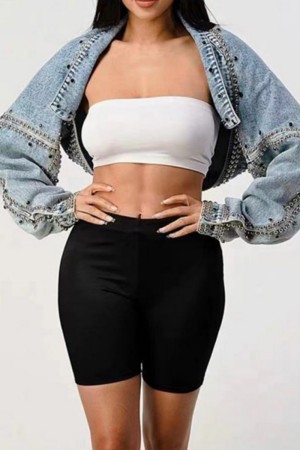 Light Blue Casual Cardigan Turndown Collar Long Sleeve Loose Drape Shoulder Washed Open Front Y2K Rivet Cropped Denim Jacket