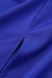 Vestido de manga curta casual azul royal patchwork sólido gola mandarim