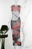 Rose Red Casual Print Basic O-hals Lange jurk Jurken