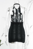 Черное сексуальное однотонное платье без рукавов с открытой спиной и круглым вырезом