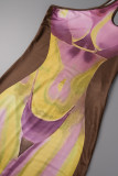 Robe longue marron à imprimé sexy et dos nu à col oblique