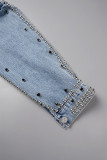 Hellblaue, lässige Strickjacke mit Patchwork-Nieten und Umlegekragen, lange Ärmel, normale Jeansjacke