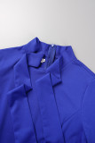 Königsblaues, legeres, einfarbiges, kurzärmliges Patchwork-Bleistiftrock-Kleid mit Stehkragen