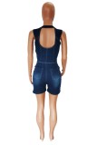 The cowboy blue Casual Solid Backless V Neck Sleeveless Bodycon Skinny Jumpsuits Denim Romper