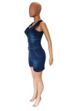 The cowboy blue Casual Solid Backless V Neck Sleeveless Bodycon Skinny Jumpsuits Denim Romper