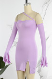 Light Purple Sexy Solid Backless Slit Oblique Collar Long Sleeve Dresses