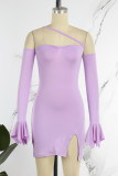 Светло-фиолетовые сексуальные однотонные платья с вырезом на спине и косым воротником с длинным рукавом
