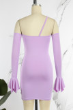 Light Purple Sexy Solid Backless Slit Oblique Collar Long Sleeve Dresses