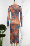 Oranje casual print basic jurken met ronde hals en lange mouwen
