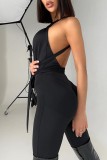 Black Sexy Solid Bandage Hollowed Out Backless Halter Skinny Jumpsuits
