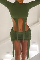 Green Sexy Street Punk Solid Tassel évidé O Neck Long Sleeve Two Pieces