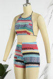 Multi-color Sexy Casual Print Bandage Backless O Neck Sleeveless Two Pieces