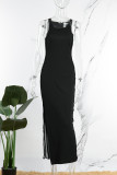 Vestido largo con cuello en O y abertura transparente de patchwork sólido sexy negro Vestidos