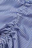 Robes décontractées à rayures imprimées patchwork col chemise manches longues bleu clair