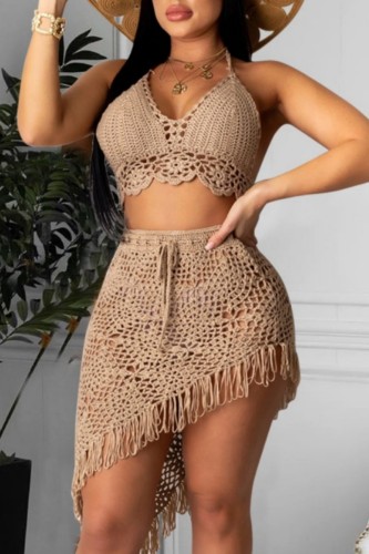 Camel Sexy Solid Tassel Bandage Hollowed Out Backless Swimwears