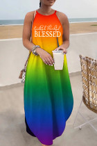 Цветное повседневное платье с принтом, базовое длинное платье с круглым вырезом, платья