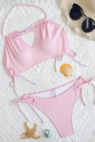 Pink Sexy Solid Bandage Hollowed Out Backless Swimwears (With Paddings)
