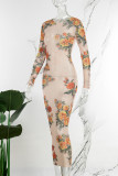 Aprikosen-Sexy-Print, durchsichtige, langärmlige Kleider mit O-Ausschnitt