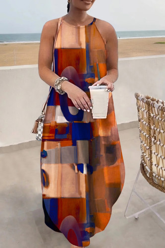 Coffee Casual Print Basic O Neck Long Dress Dresses