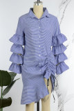 Lichtblauwe casual gestreepte print patchwork overhemdkraag jurken met lange mouwen