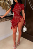 Абрикосовое сексуальное лоскутное горячее сверление с кисточками и бисером, водолазка, платье с короткими рукавами, платья