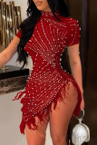 Red Sexy Patchwork Hot Drilling Tassel Beading Turtleneck Short Sleeve Dress Dresses