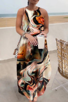 Многоцветный повседневный принт Базовое длинное платье с круглым вырезом Платья