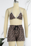 Dark Brown Street Print Letter Spaghetti Strap Sleeveless Two Pieces Halter Crop Tops And Shorts Set
