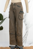 Braune, lässige, solide Patchwork-Jeans mit hoher Taille