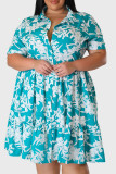 Sky Blue Casual Print Patchwork Turndown Collar Shirt Dress Plus Size Klänningar