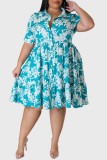 Sky Blue Casual Print Patchwork Turndown Collar Shirt Dress Plus Size Klänningar