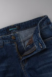 Jeans jeans regular azul casual liso rasgado patchwork cintura média