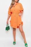 Orange Casual Solid Patchwork Turndown Collar Shirt Dress Dresses