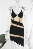Negro sexy fiesta en la calle color bulto patchwork transparente correa de espagueti lápiz falda vestidos