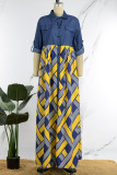 Yellow Sexy Casual Street Elegant Print Buttons Slit Turndown Collar Waist Skirt Dresses