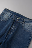 Jeans skinny azul marinho casual patchwork sólido cintura alta