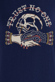 Marineblauwe casual street print schedel patchwork T-shirts met ronde hals