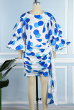 Blue Casual Dot Print Patchwork O Neck Wrapped Skirt Dresses