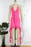 Розово-красные сексуальные однотонные лоскутные оборки асимметричные платья-юбки-карандаш с лямкой на шее
