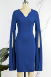 Vestidos de falda lápiz con cuello en V y abertura sólida informal azul