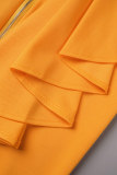 Gelbe Casual-Arbeitshose, elegant, solide Patchwork-Flounce-Röhrenhose mit hoher Taille und einfarbigem Bleistift