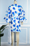 ブルーカジュアルドットプリントパッチワークOネックラップスカートドレス